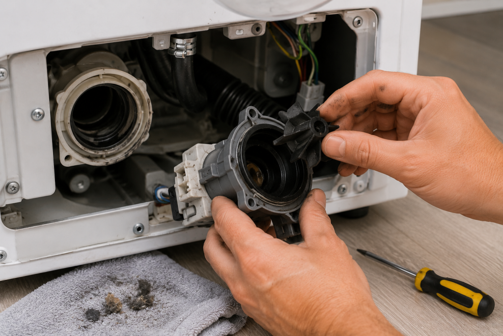 Inspecting a Whirlpool washing machine drain pump and impeller during F9E1 long drain error troubleshooting