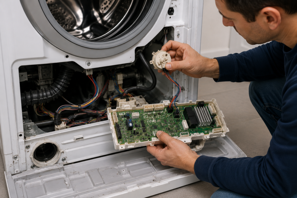Person inspecting internal washer wiring and electronic control components inside a front-loading washing machine while troubleshooting a Whirlpool washer F9 E1 error.