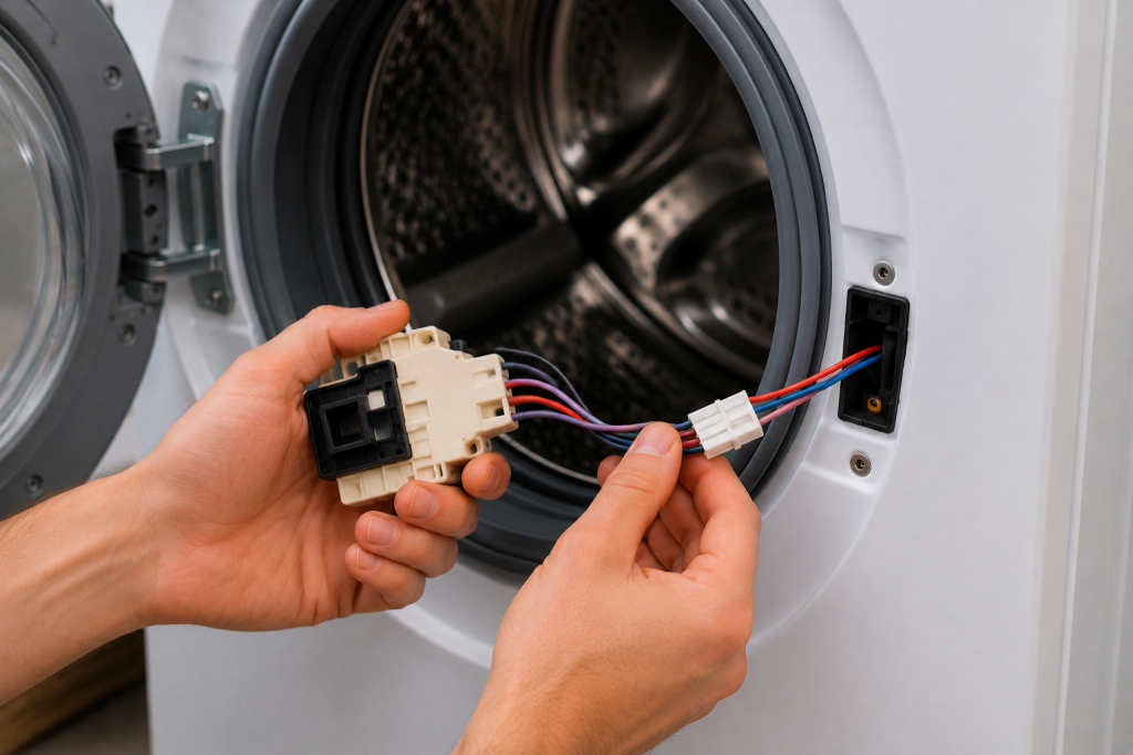 Hands inspecting wiring connections inside a Whirlpool front-load washer during F5E2 error troubleshooting repair