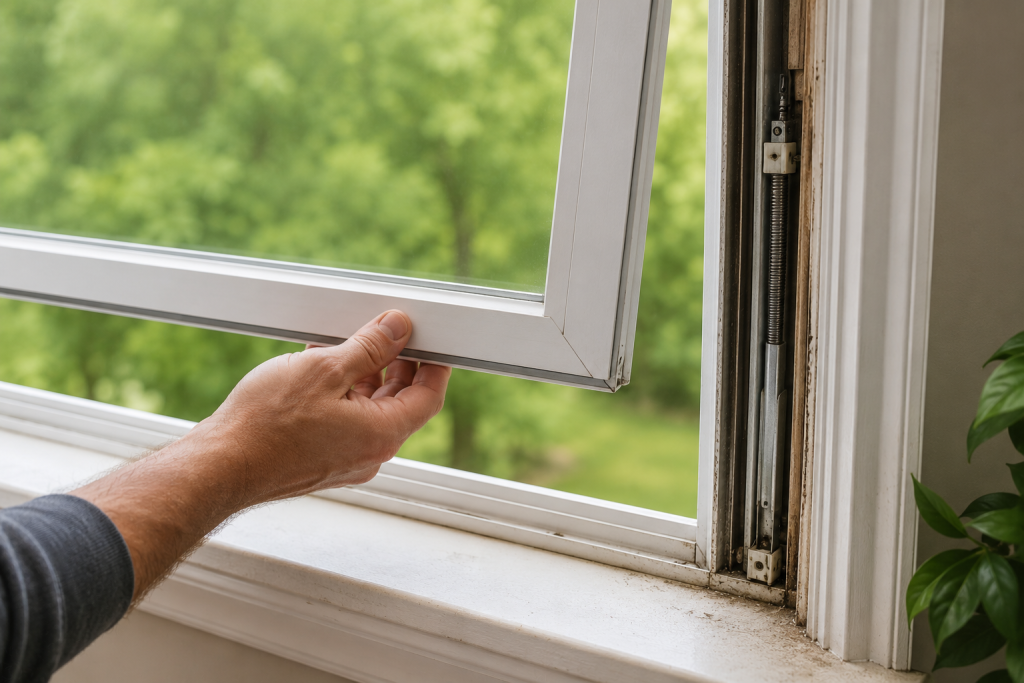 Inspecting a double-hung window balance mechanism inside a residential window frame during window repair troubleshooting