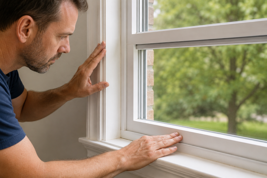 Inspecting a residential window frame for warping, uneven gaps, and alignment problems during window repair troubleshooting