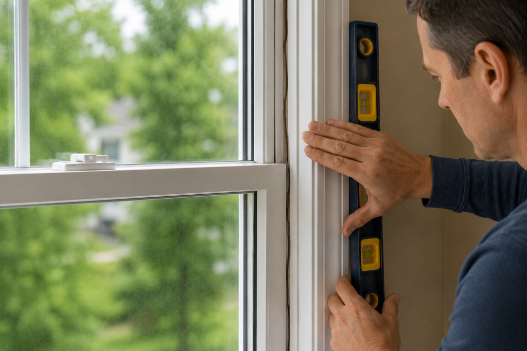 Homeowner inspecting gaps and alignment issues around a warped window frame to diagnose structural or locking problems indoors