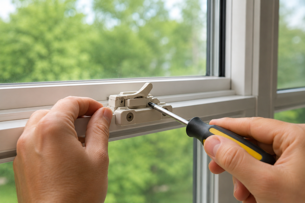 Homeowner inspecting and tightening a vinyl window lock and latch with a screwdriver inside a modern home