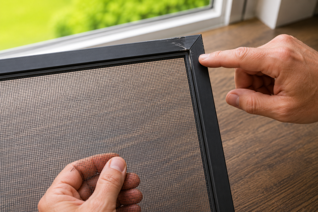 Homeowner inspecting a damaged aluminum window screen frame corner for cracks, bends, or wear before reinstalling the screen