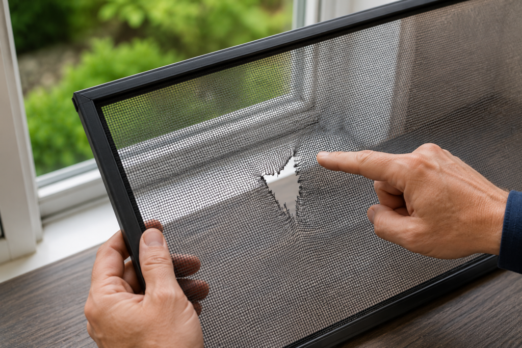 Homeowner inspecting a torn window screen to determine whether the damaged mesh needs patching or replacement