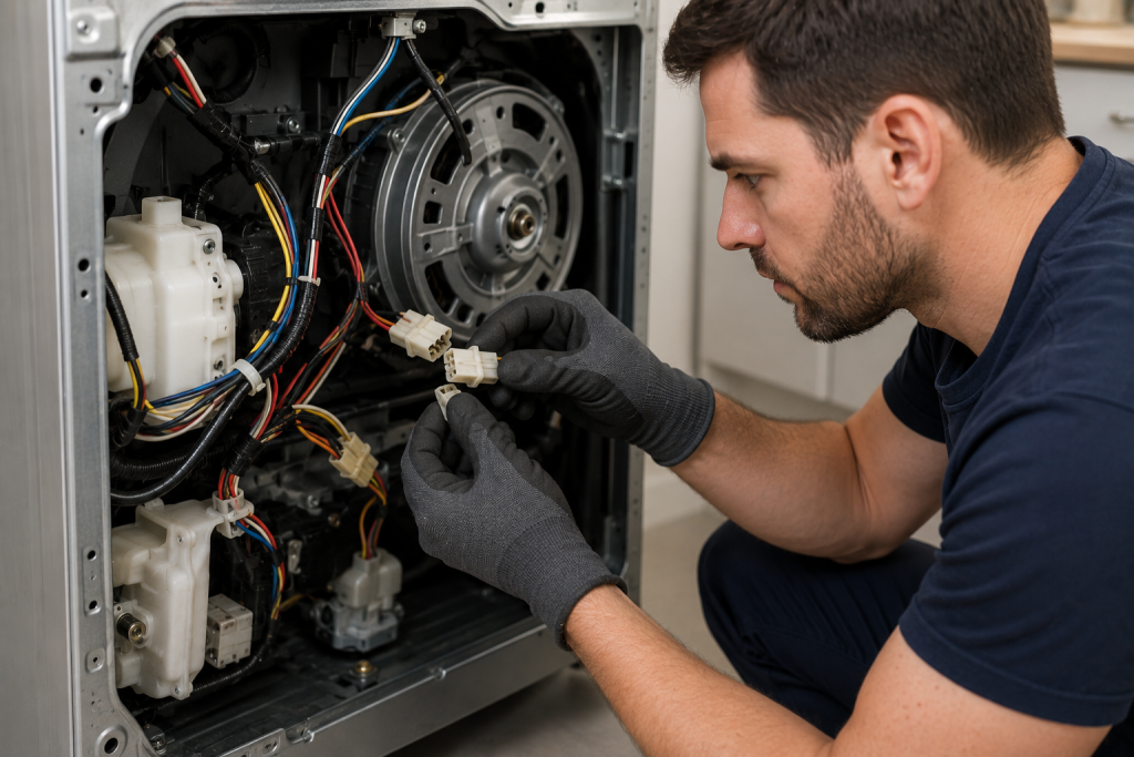 Appliance repair technician inspecting electrical wiring connections on the rear motor assembly of a front load washing machine during LG LE error troubleshooting in a modern laundry room