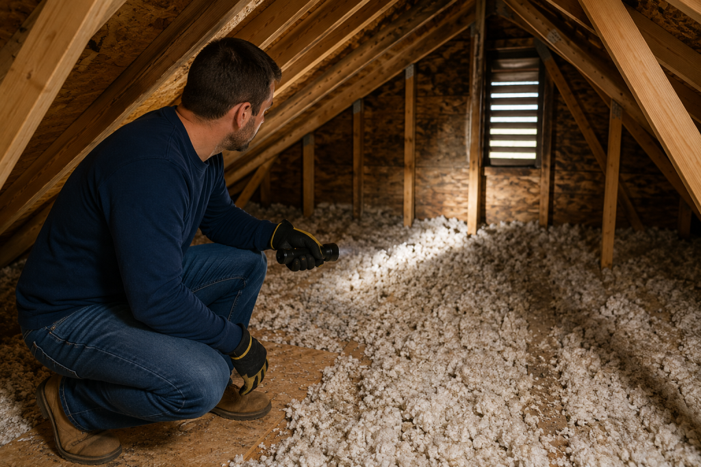 Inspecting an attic for insulation, leaks, and signs of water damage during home maintenance