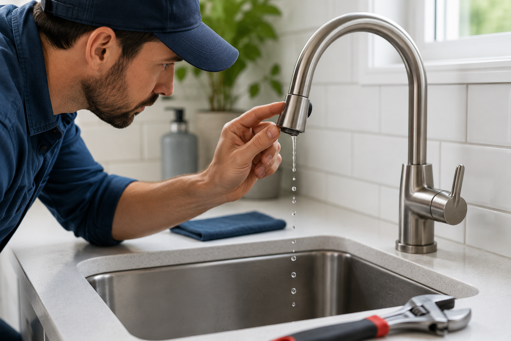 homeowner inspecting a dripping kitchen faucet for leaks during annual plumbing maintenance inspection