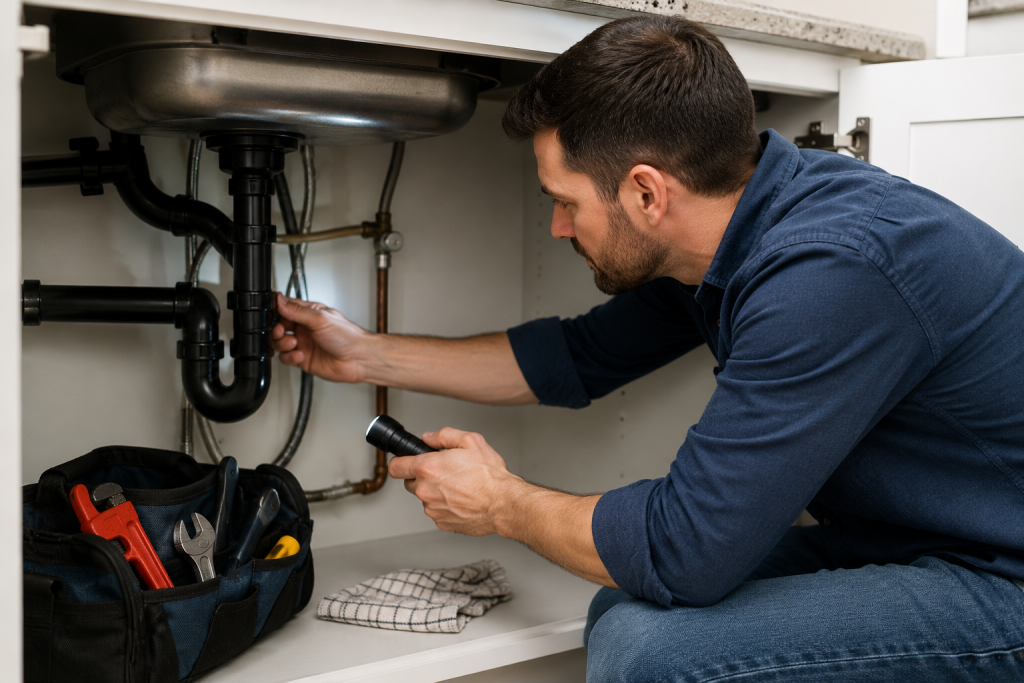 Inspecting under-sink plumbing connections for leaks during monthly home maintenance