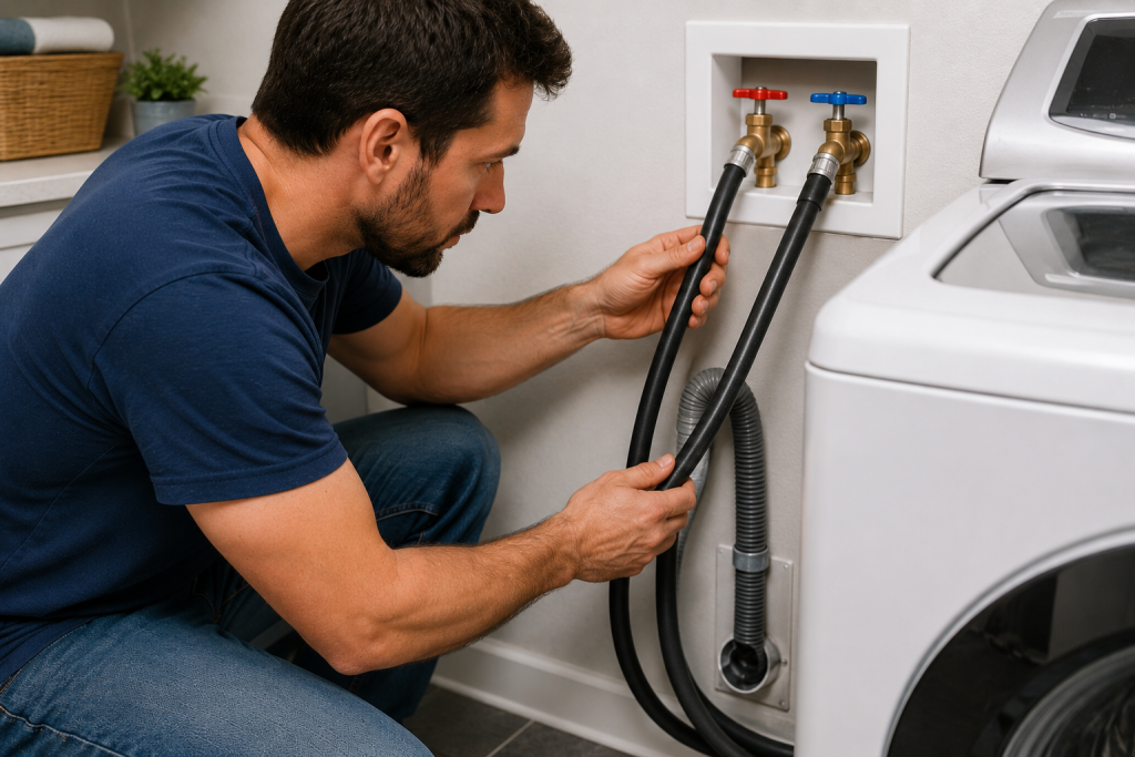 homeowner inspecting washing machine water supply hoses for leaks cracks and damage during annual plumbing maintenance checklist inspection