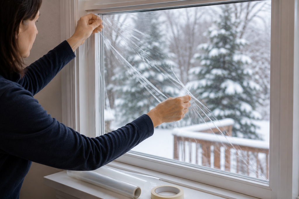 Installing clear window insulation film on a residential window to reduce winter drafts and improve home energy efficiency