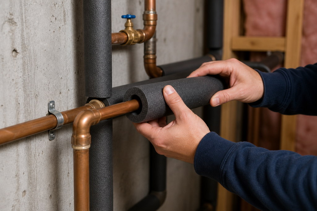 Homeowner installing foam insulation around exposed copper water pipes in a basement to help prevent freezing during winter weather