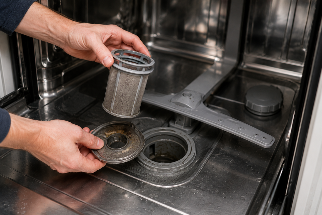Homeowner removing and cleaning the dishwasher filter assembly inside a stainless steel dishwasher while troubleshooting a KitchenAid dishwasher with a blinking clean light.