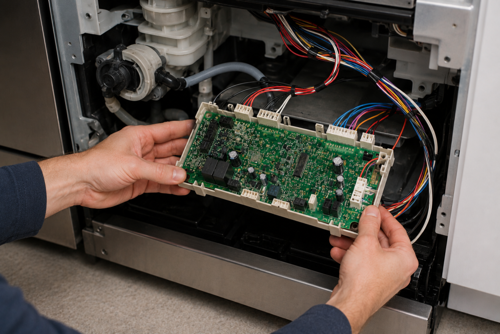 Homeowner inspecting the electronic control board and wiring connections inside a dishwasher while troubleshooting a KitchenAid dishwasher with a blinking clean light.