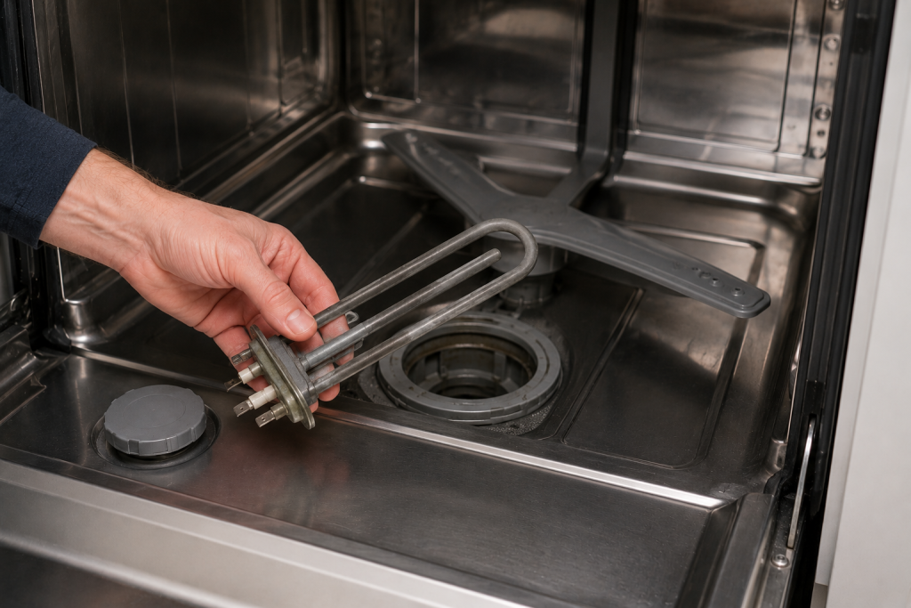 Homeowner inspecting the heating element inside a stainless steel dishwasher while troubleshooting a KitchenAid dishwasher with a blinking clean light.