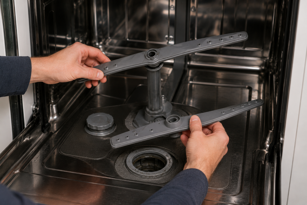 Homeowner removing and inspecting the upper and lower spray arms inside a dishwasher while troubleshooting a KitchenAid dishwasher with a blinking clean light.