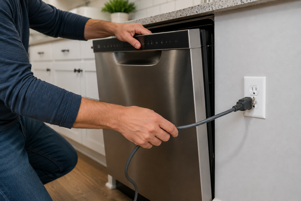 Homeowner unplugging a dishwasher from a wall outlet during a reset procedure while troubleshooting a KitchenAid dishwasher with a blinking clean light.