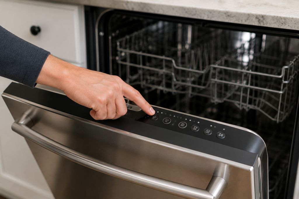 Homeowner pressing the control panel buttons on a dishwasher to enter and run the built-in diagnostic cycle while troubleshooting for KitchenAid Dishwasher Clean Light Blinking.