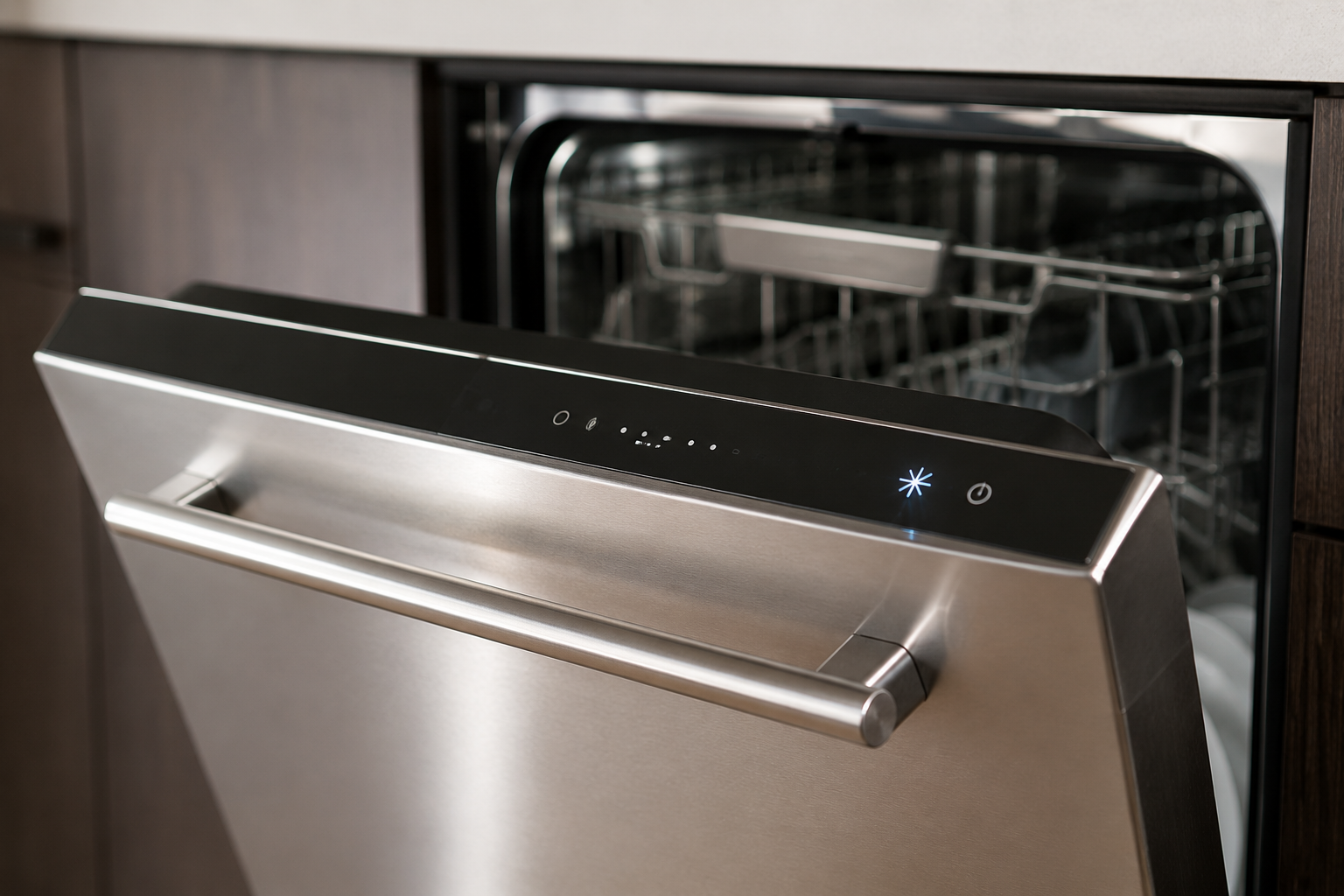 Modern stainless steel KitchenAid-style dishwasher in a clean kitchen while a homeowner performs troubleshooting and maintenance to resolve a blinking clean light issue.