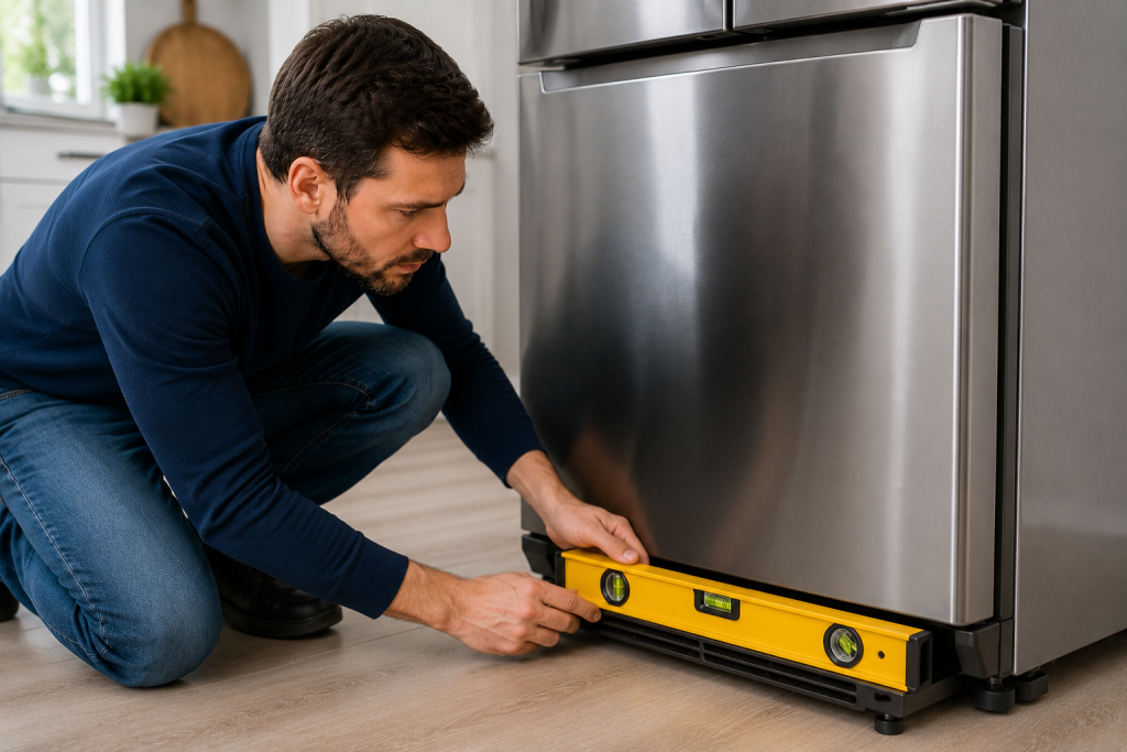 Homeowner using a level tool to check and adjust a stainless steel refrigerator so it sits evenly on the kitchen floor to reduce vibration and noise