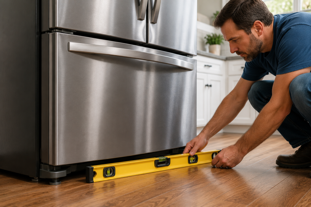 Homeowner using a level tool to check and adjust refrigerator leveling on kitchen floor to prevent water leaks