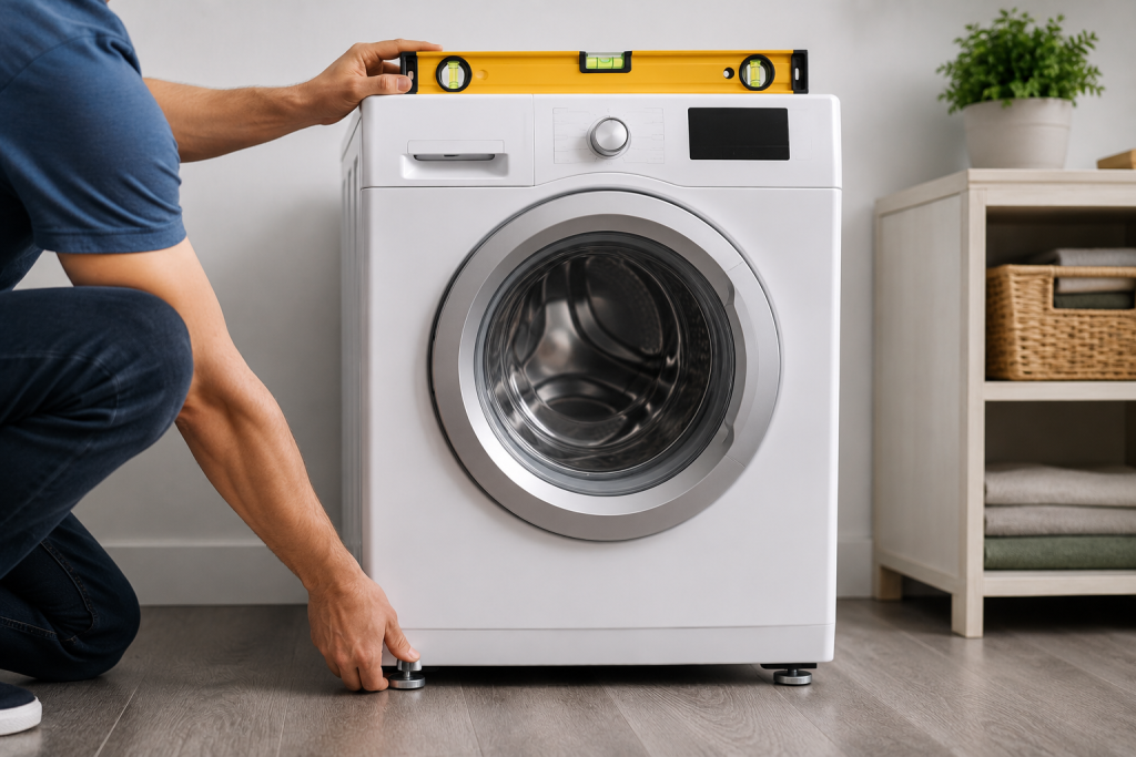 Person adjusting the leveling feet on a front-load washing machine while checking balance with a bubble level tool