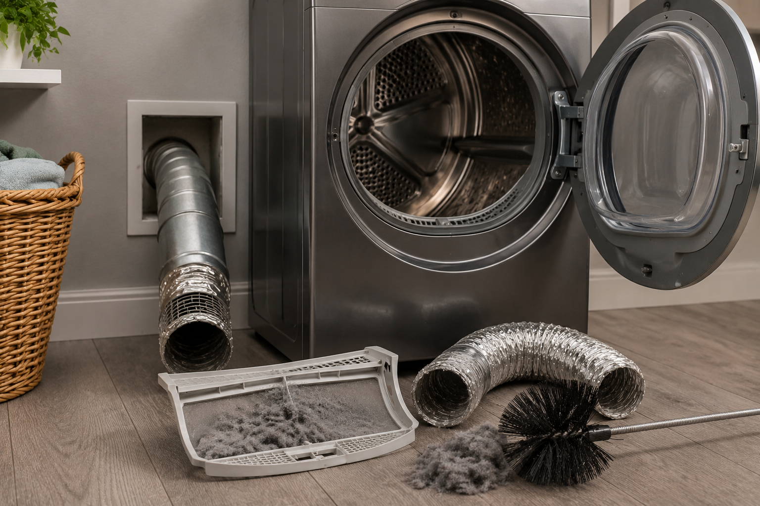 Modern LG dryer displaying a D80 airflow error code with visible dryer vent hose and laundry room setting during troubleshooting repair scene