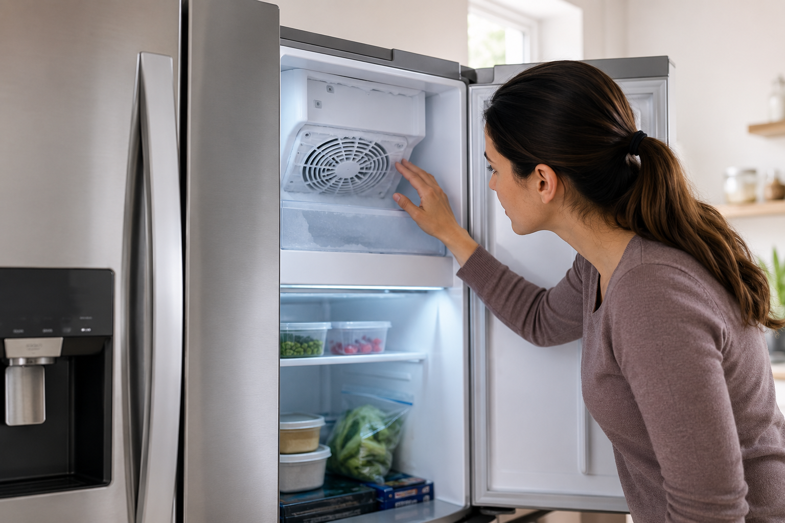 Homeowner inspecting frost buildup and airflow near the ice fan compartment inside an LG refrigerator freezer while troubleshooting an IF error code issue in a modern kitchen