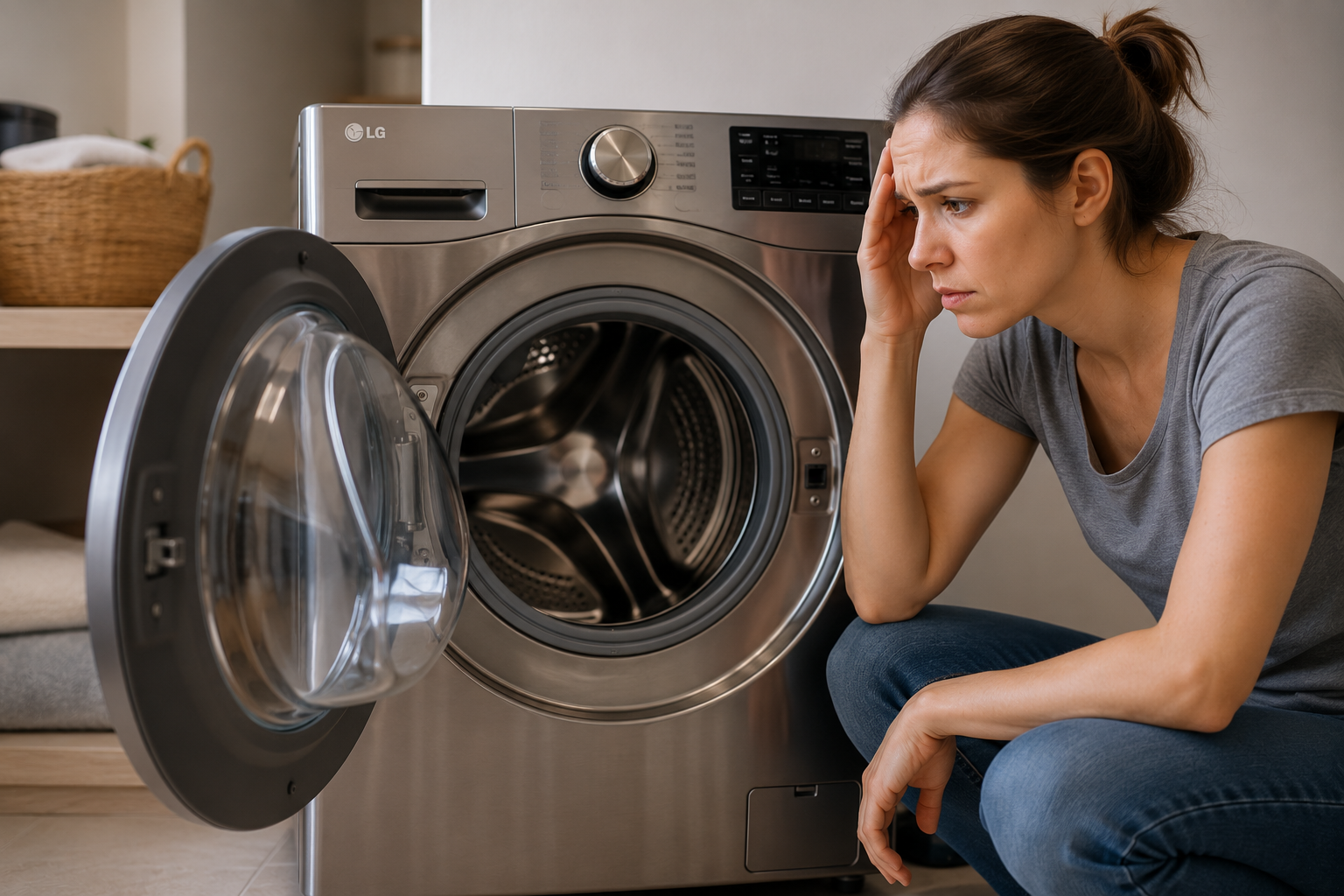 Homeowner kneeling beside a stainless steel LG-style front load washing machine in a modern laundry room while troubleshooting an LE error problem with a concerned expression