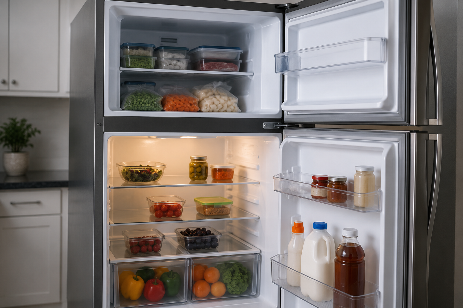LG-style refrigerator with freezer working while refrigerator compartment appears warm in a modern kitchen setting