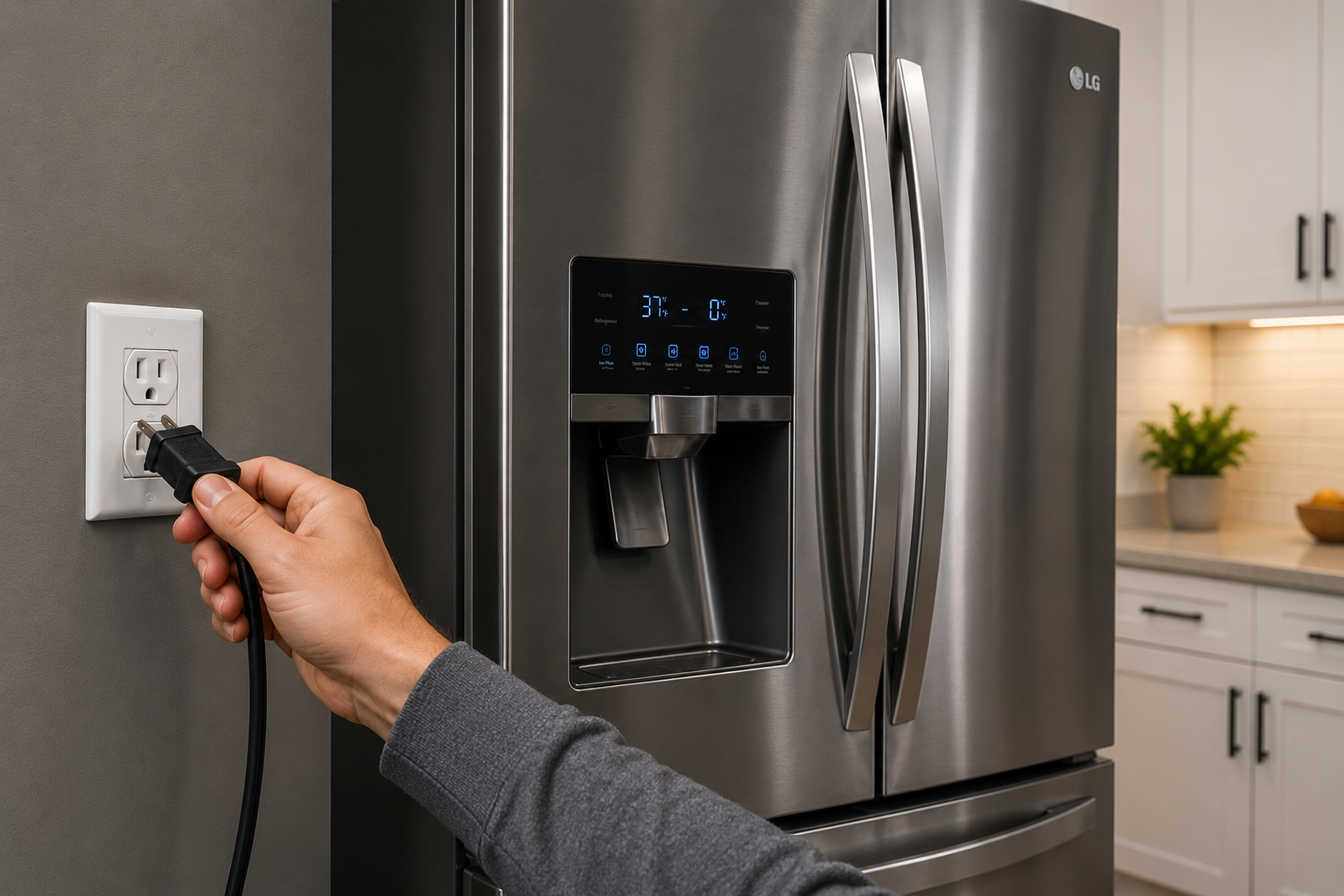 Hand unplugging a stainless steel LG-style refrigerator in a modern kitchen to reset it after a power outage