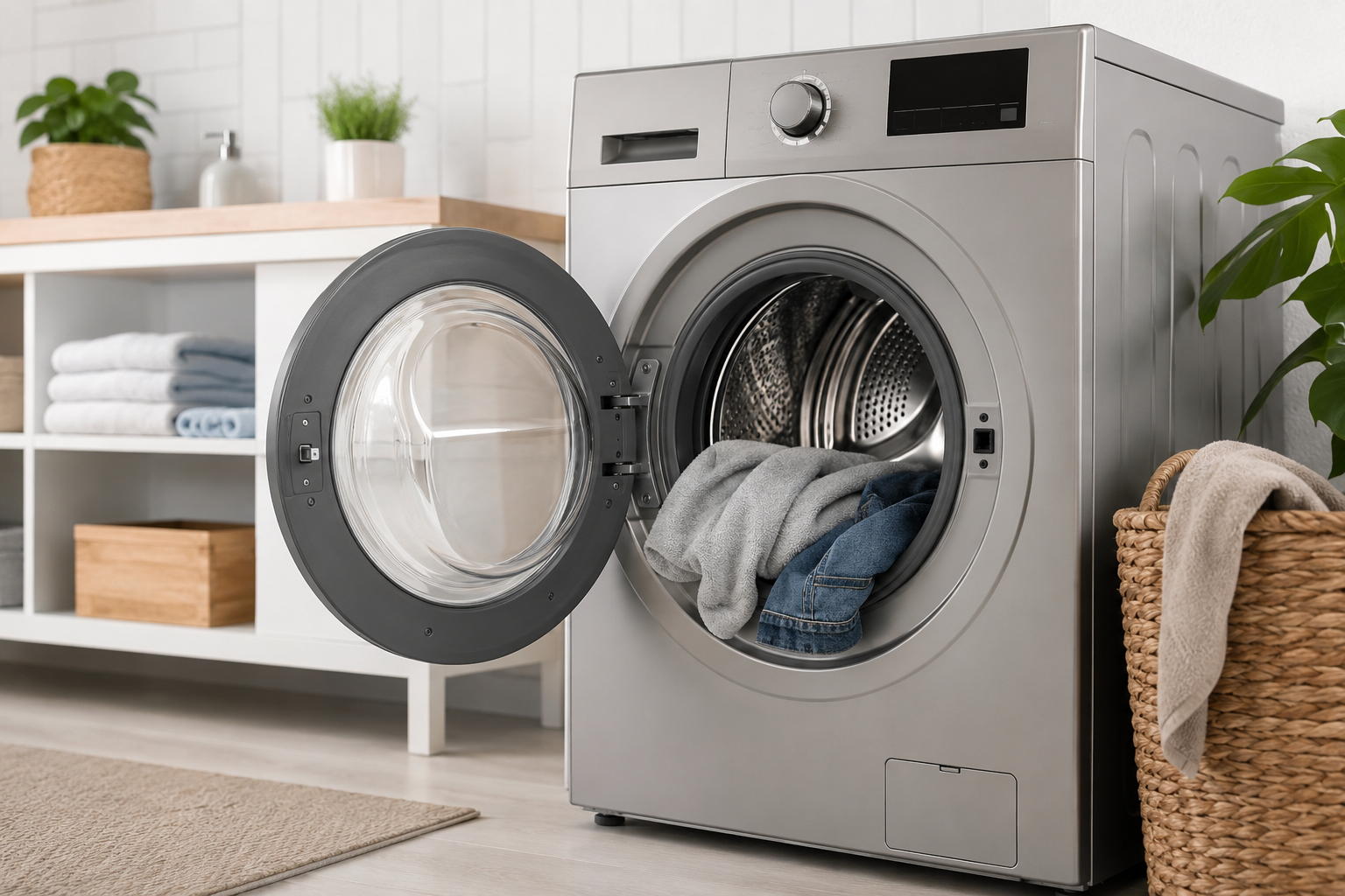 LG front load washing machine displaying UE error code in a modern laundry room during an unbalanced spin cycle troubleshooting situation
