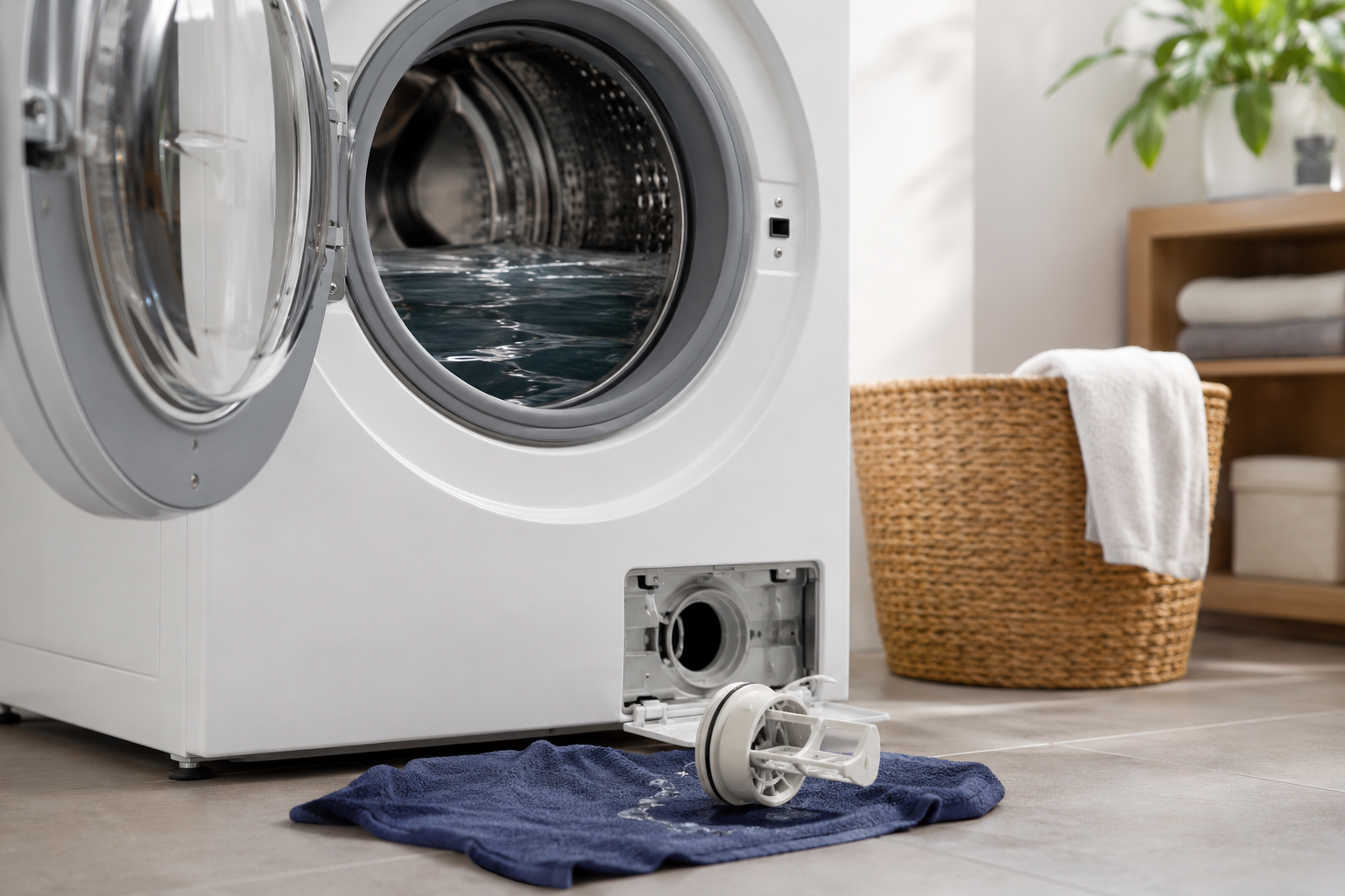 LG front load washing machine with drainage issue and removed drain pump filter in a clean laundry room