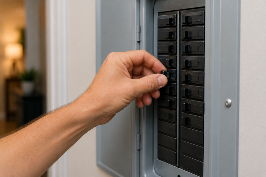 Hand resetting a circuit breaker while troubleshooting a light switch not working problem