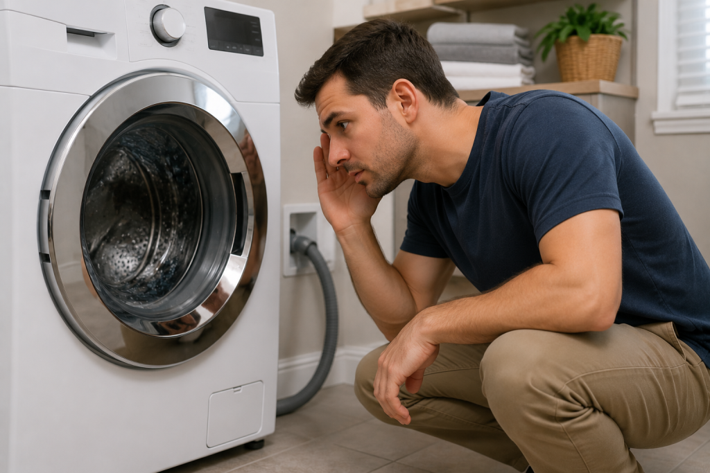 Homeowner listening closely to the drain pump area of an LG front load washing machine while troubleshooting an OE code error