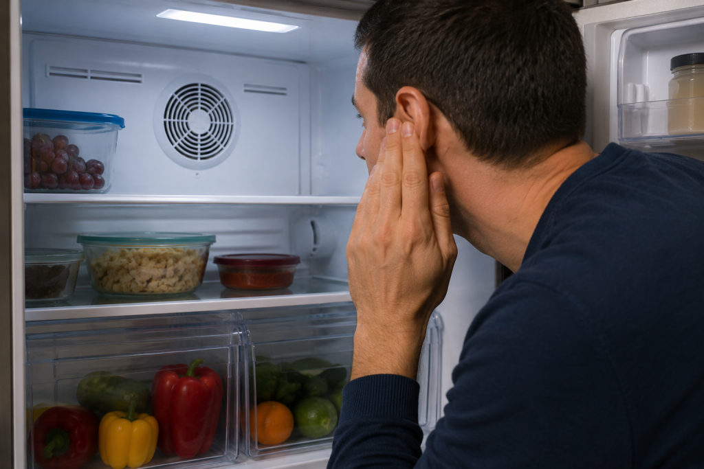 Homeowner listening for the evaporator fan inside an open refrigerator with food on shelves and rear air vents visible