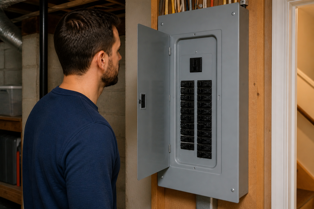 Homeowner locating electrical panel to fix a tripped circuit breaker