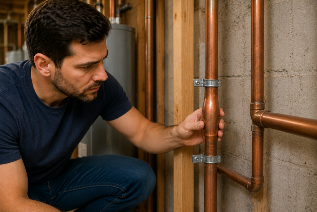 Homeowner inspecting expanding copper hot water pipes and pipe supports inside an unfinished basement wall to diagnose plumbing noises