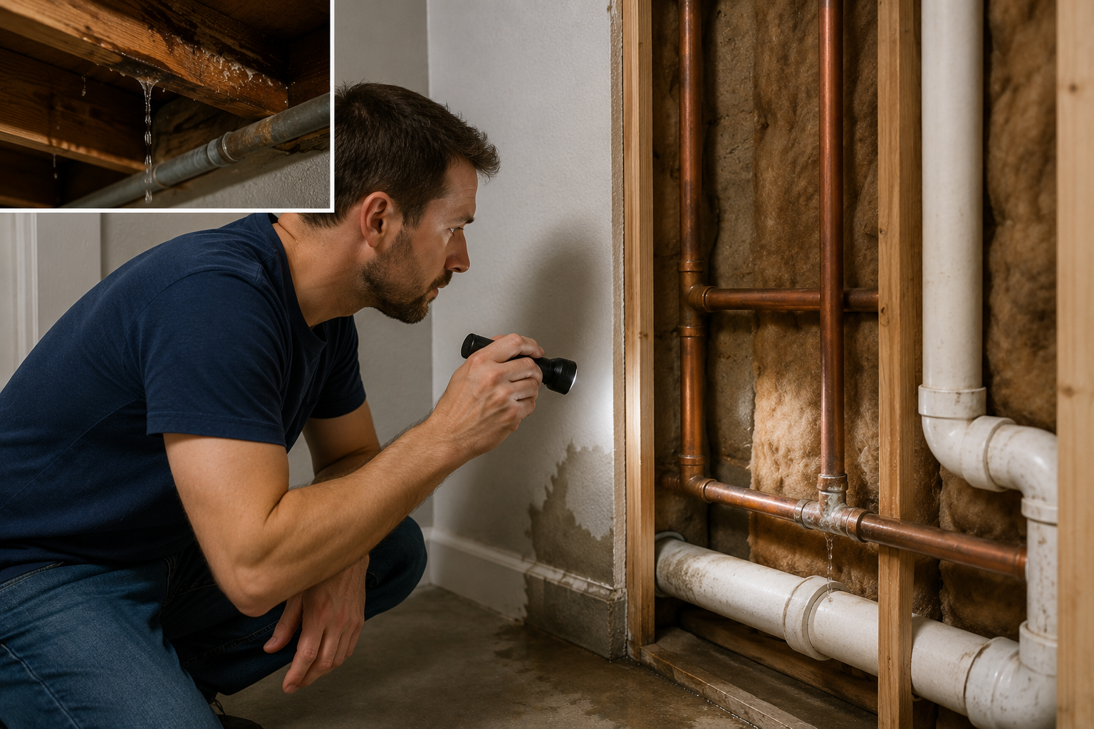 Homeowner inspecting exposed plumbing pipes and water stains for hidden plumbing leaks causing low water pressure in a home