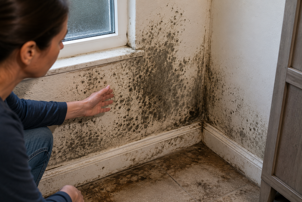 Interior wall corner with visible black mold and mildew growth near a window causing musty odors after rain and excess indoor moisture