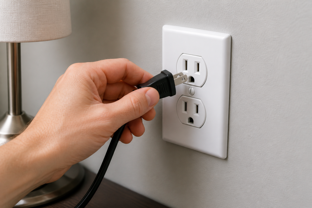 hand plugging in power cord to wall outlet to check for loose connection or faulty device