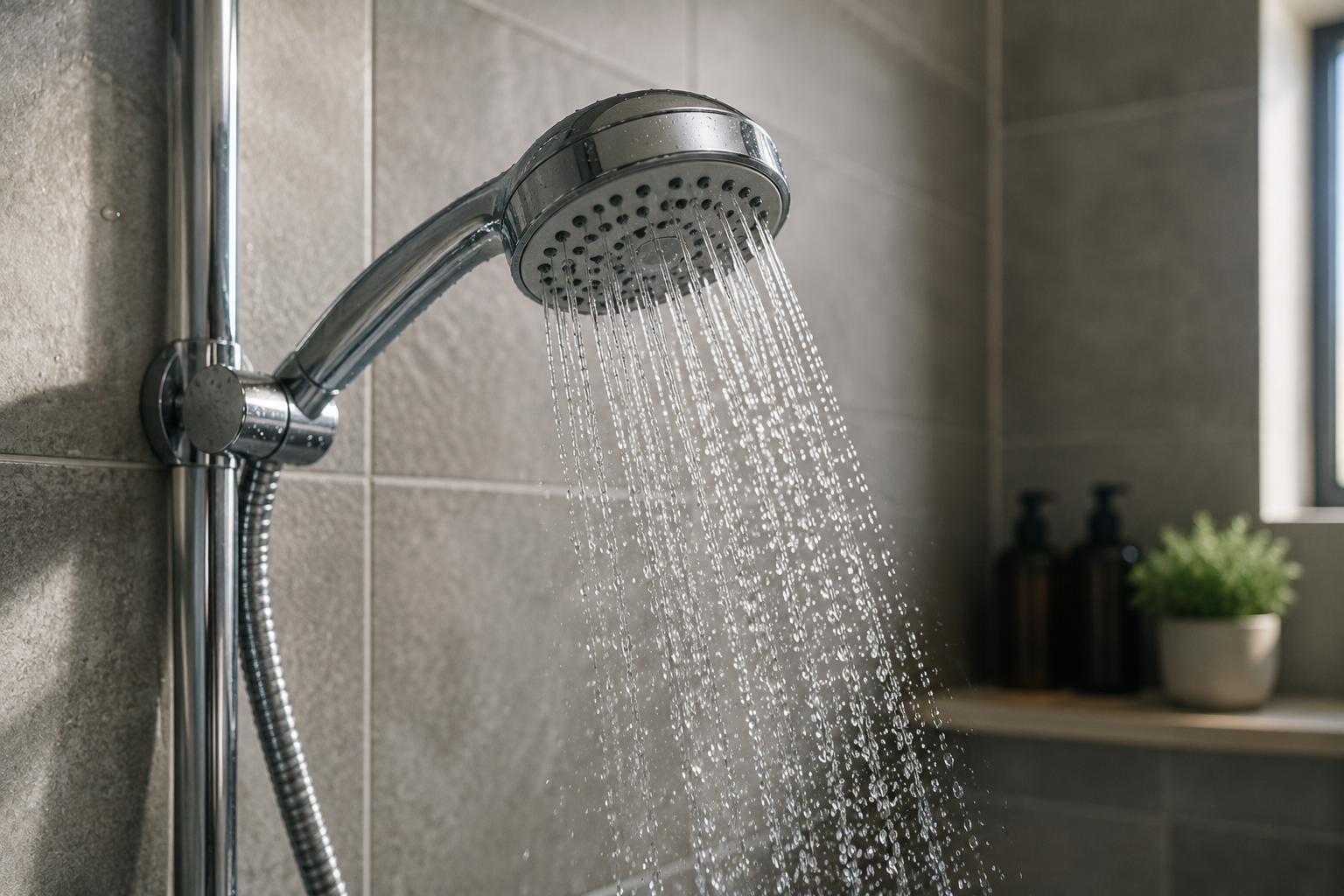 Modern showerhead with flowing water in a contemporary bathroom representing low water pressure troubleshooting in a shower