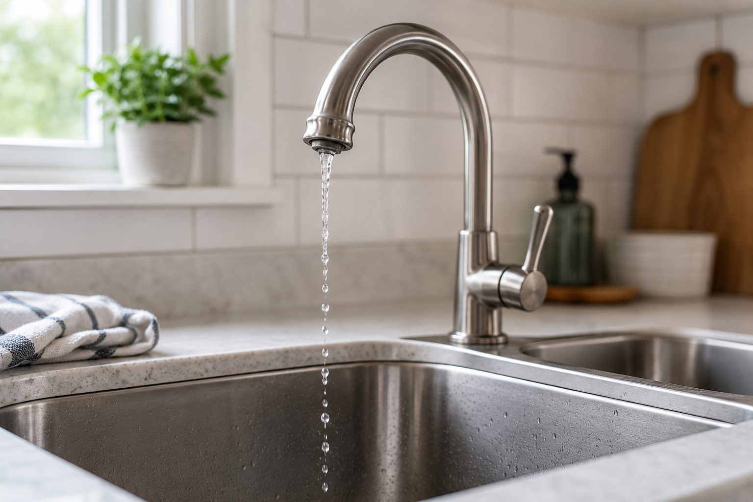 Low water pressure from a modern kitchen sink faucet in a bright kitchen interior
