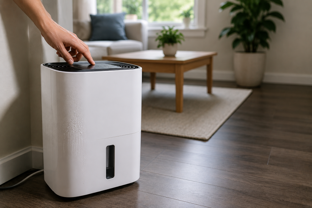 Portable dehumidifier running inside a residential living room to reduce indoor humidity and help prevent HVAC vent condensation