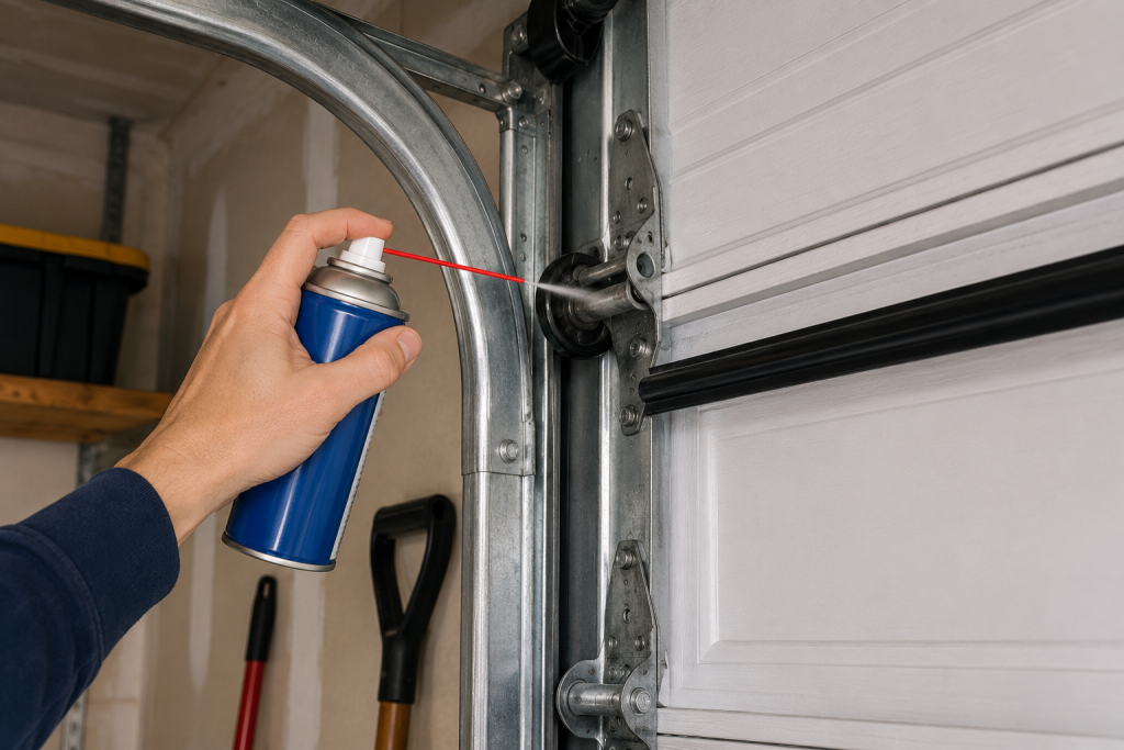 Homeowner applying silicone lubricant to garage door rollers and metal hinges to improve garage door movement and reduce friction