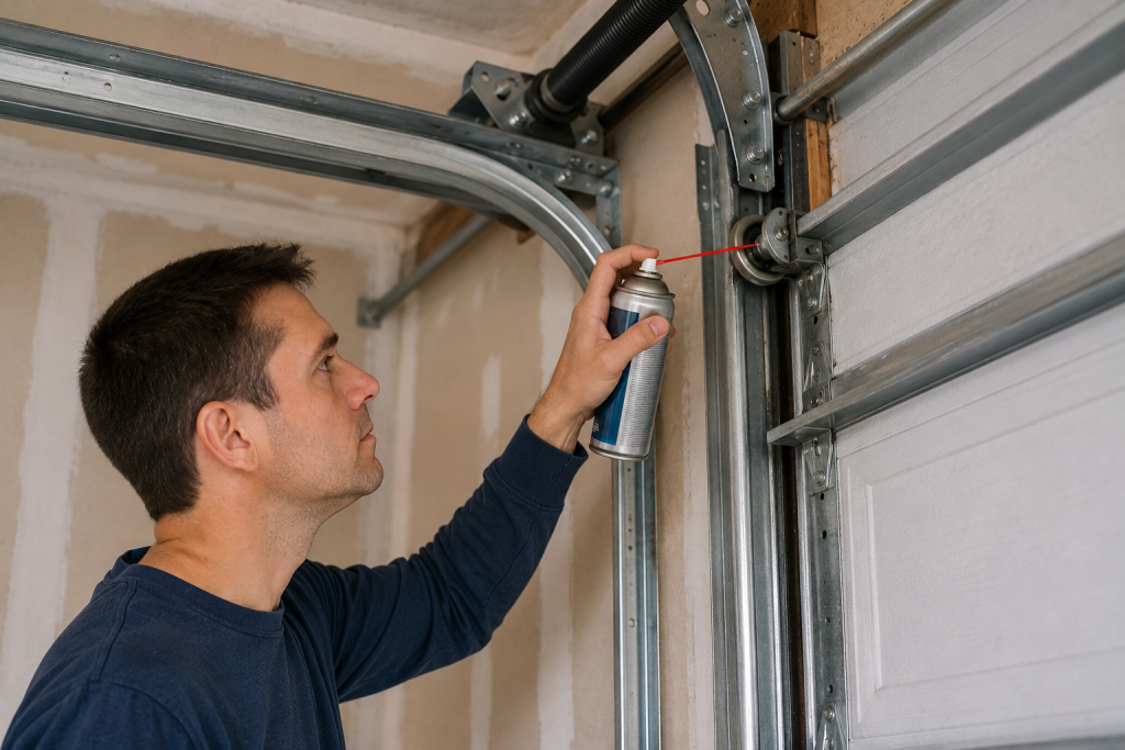 Homeowner applying lubricant to garage door rollers and metal tracks inside a residential garage to improve door movement