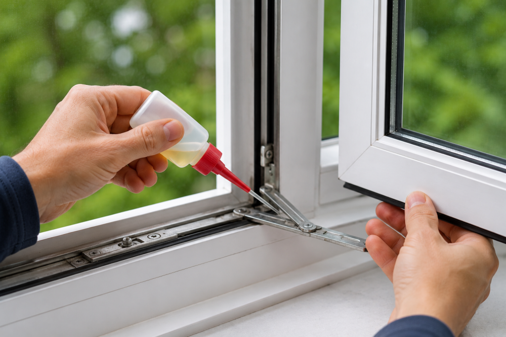 Homeowner applying lubricant to a window lock and track to improve smooth operation and prevent sticking