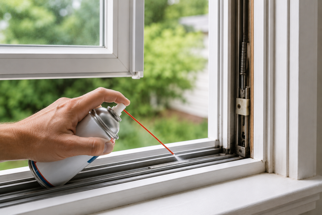 Applying silicone lubricant to residential window tracks and balance channels to improve smooth window operation