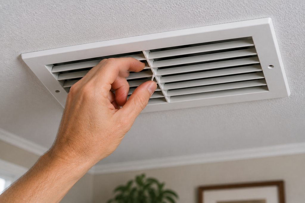 Homeowner adjusting a ceiling HVAC air vent to the fully open position to improve airflow and reduce ac vents sweating