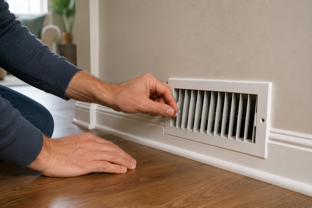 Homeowner opening a residential HVAC floor vent to improve airflow and help stop a furnace blower from running constantly